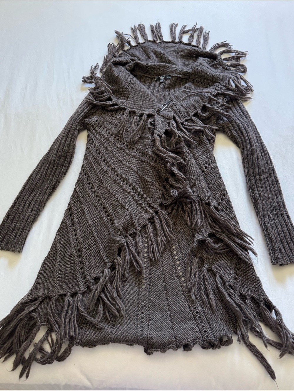 SALONI Brown Fringed Open-Front Knit Cardigan